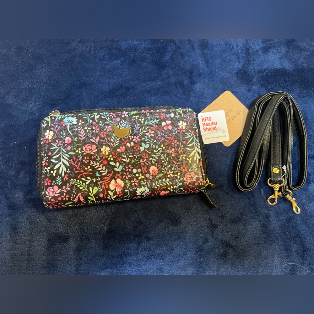 Buxton Black Floral RFID Zip Wallet with Detachable Strap